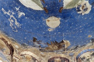 Charioteer. Church in Ishan, Turkey. Dome, fresco. Tenth century. (Feet of angels are at the top; full moon below; charioteer with horses at the bottom.)